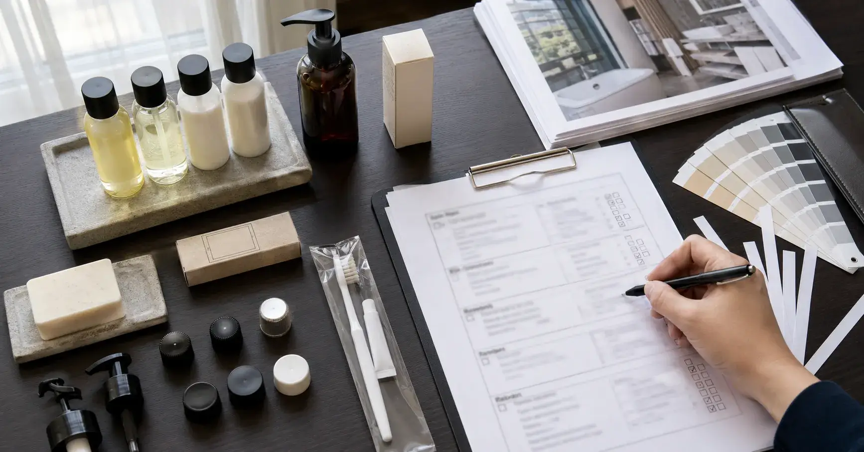 Practical Toiletries RFQ Hotel toiletry samples arranged beside an RFQ checklist