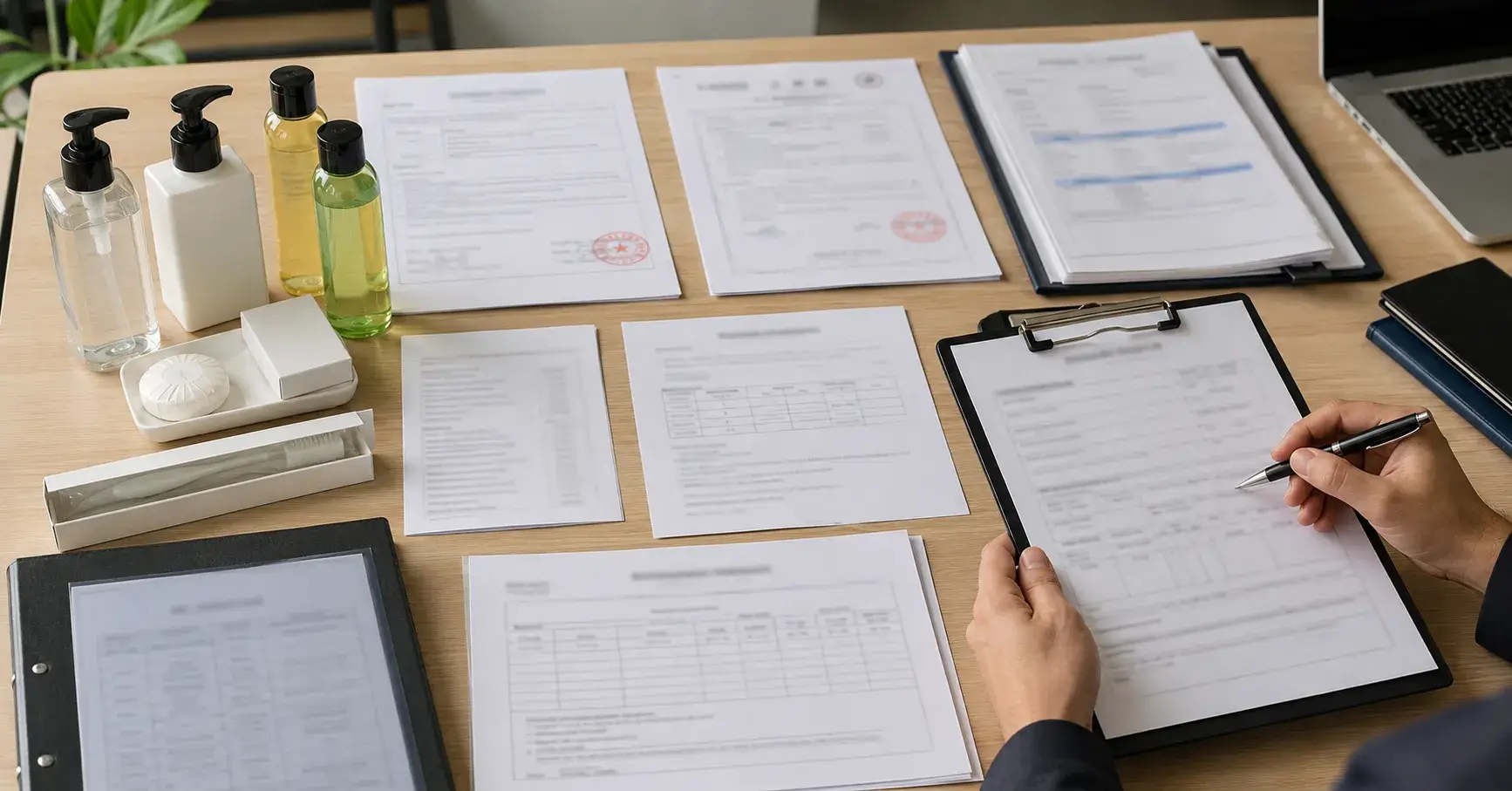 Supplier Document Review Hotel toiletry samples reviewed with supplier compliance documents