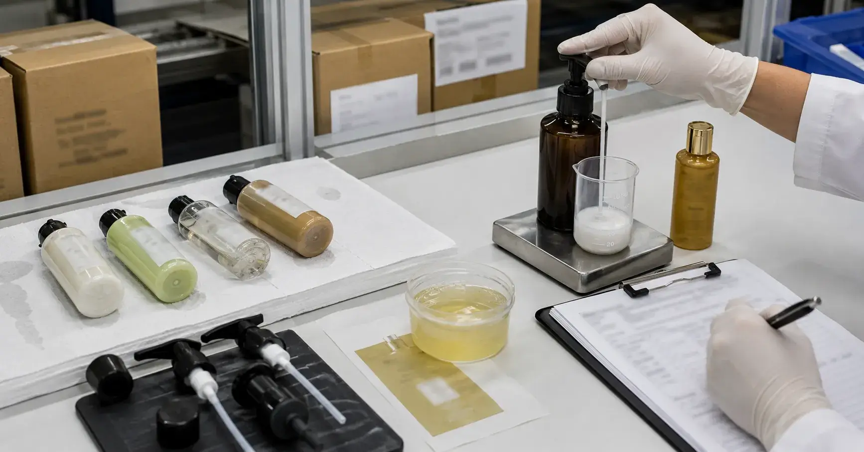 Testing Toiletry Samples Hotel toiletry samples tested for leakage pumps and labels