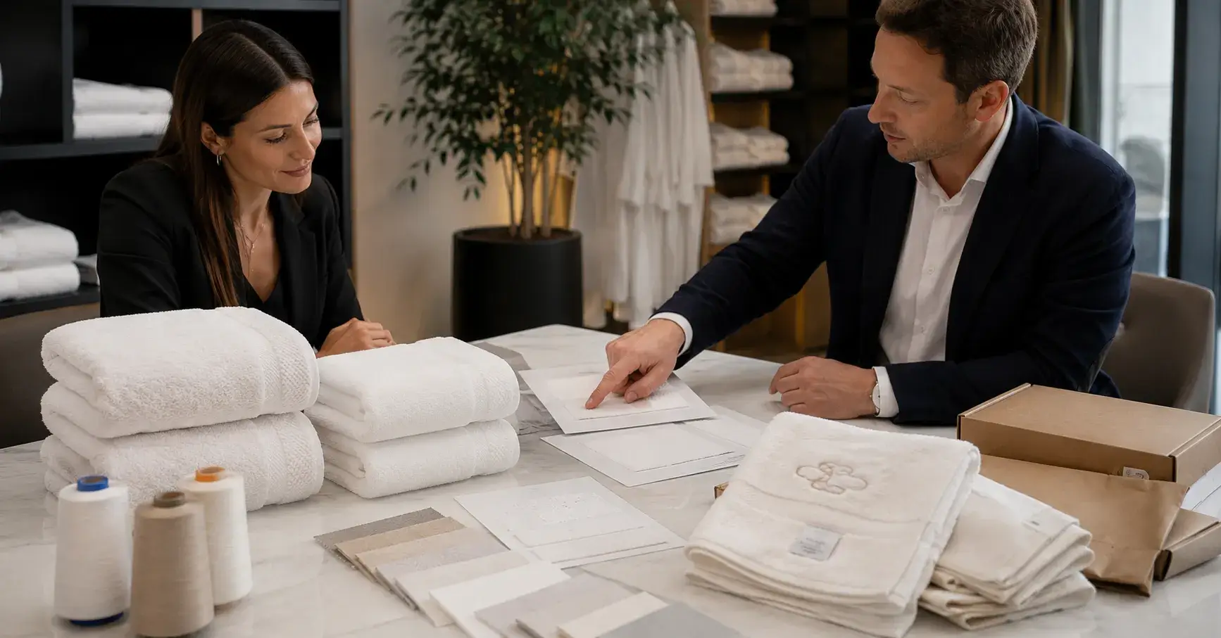 Hotel Towel Buyer Questions Hotel towel buyer reviewing GSM branding and sample options