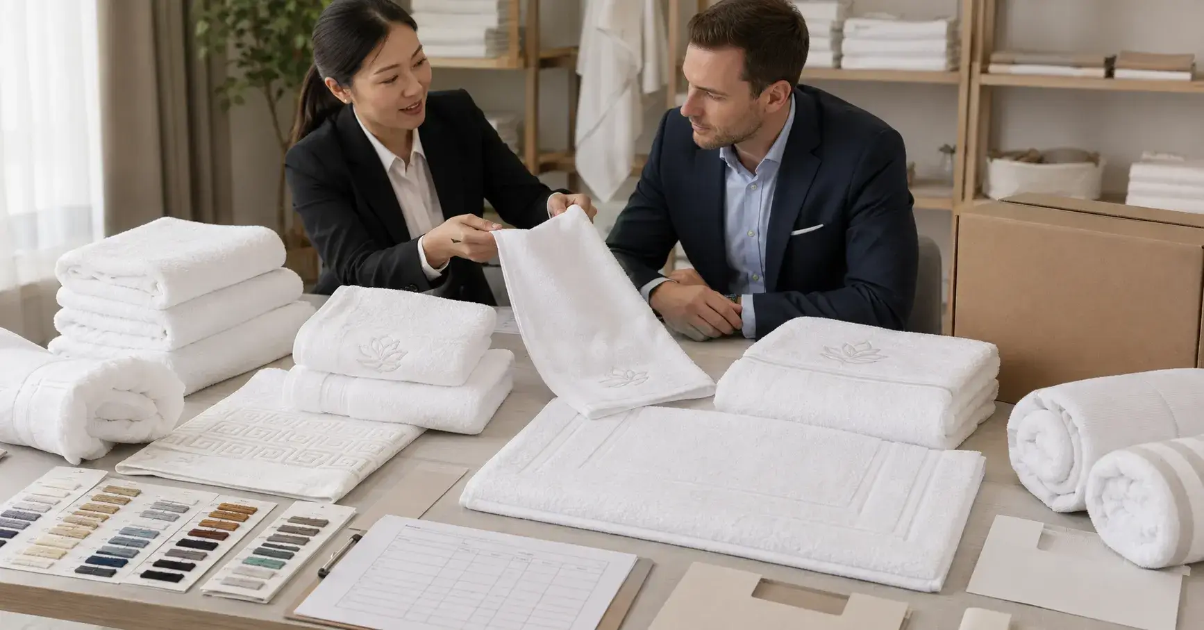 Reliable Custom Towel Partner Custom hotel towels prepared for buyer sample approval