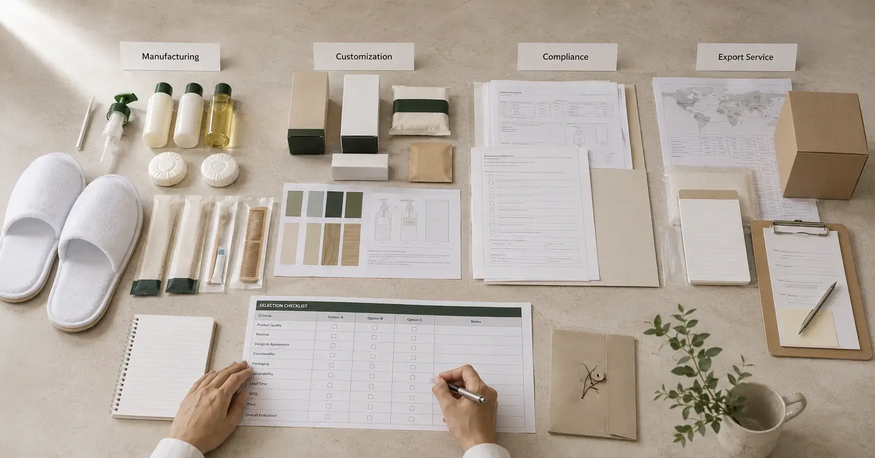 Selecting Suitable Amenity Suppliers Buyer reviewing hotel amenity samples, supplier records, and product specifications