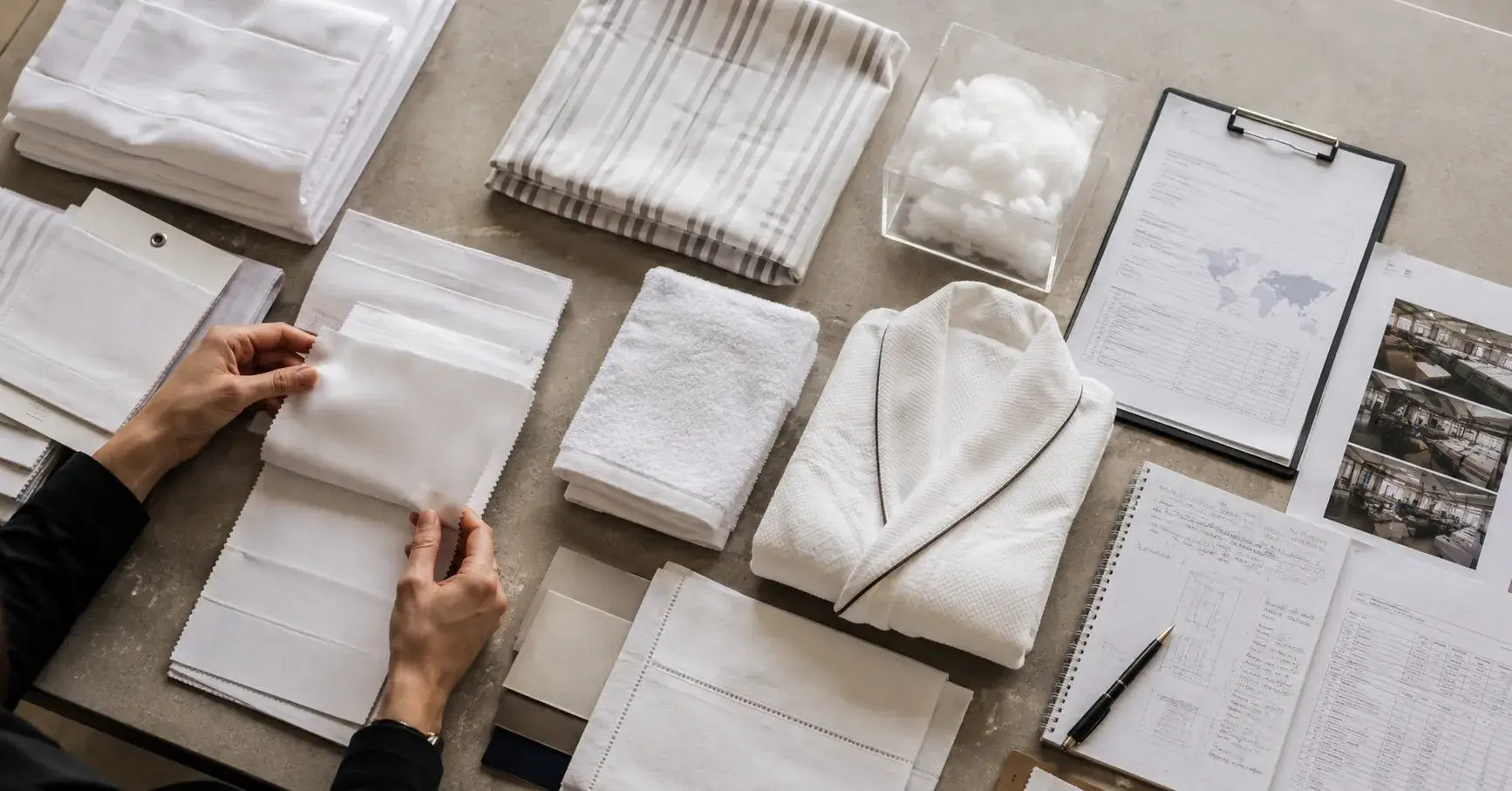 Hotel buyer reviewing linen samples, supplier records, and textile specifications