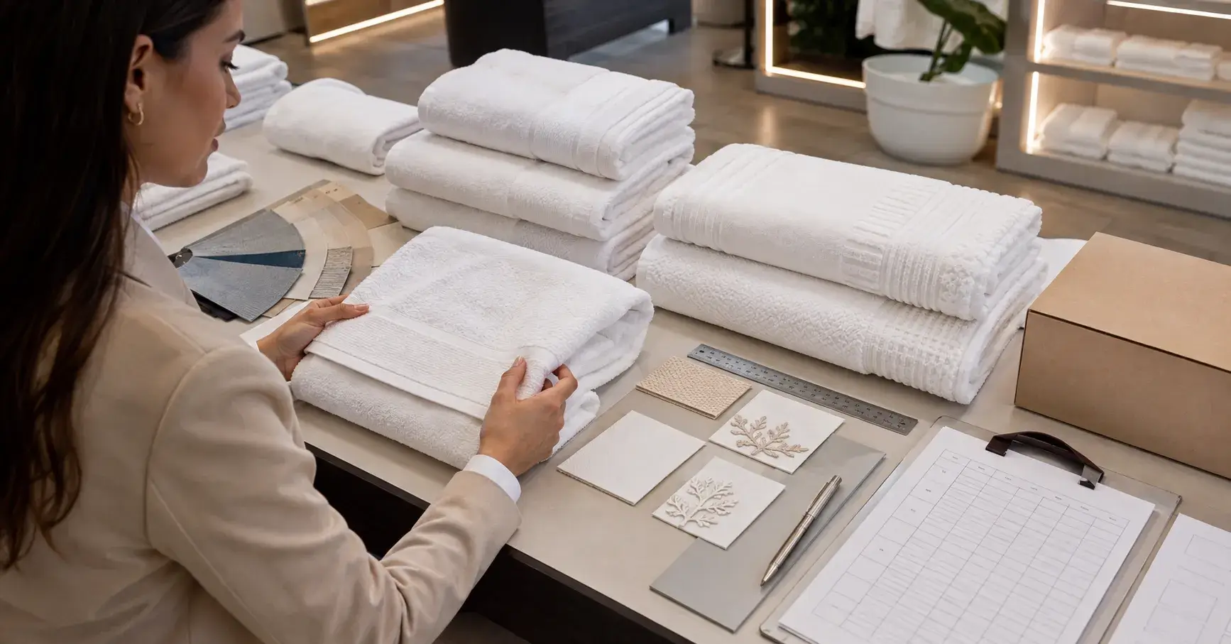 Evaluating Towel Supplier Samples Buyer evaluating Dubai hotel towel supplier samples