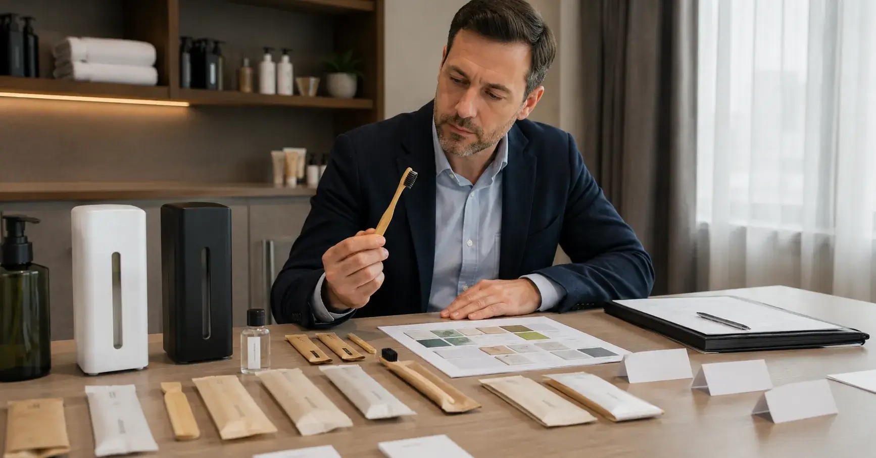 Hotel buyer examining bamboo amenities, paper packaging, certificates, and dispensers