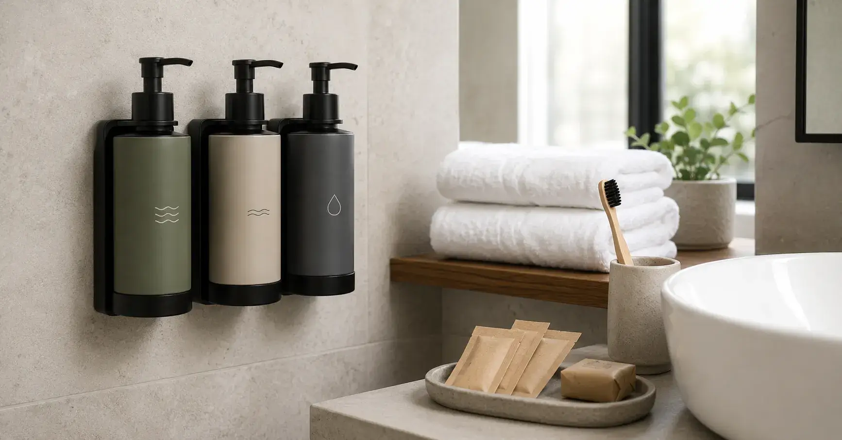 Refillable dispensers and bamboo amenities in a modern hotel bathroom