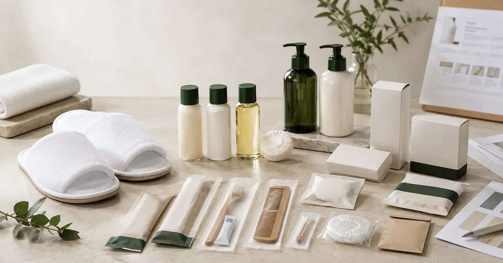 China Guest Amenities Suppliers Hotel toiletries, slippers, dental kits, and soaps arranged for supplier comparison