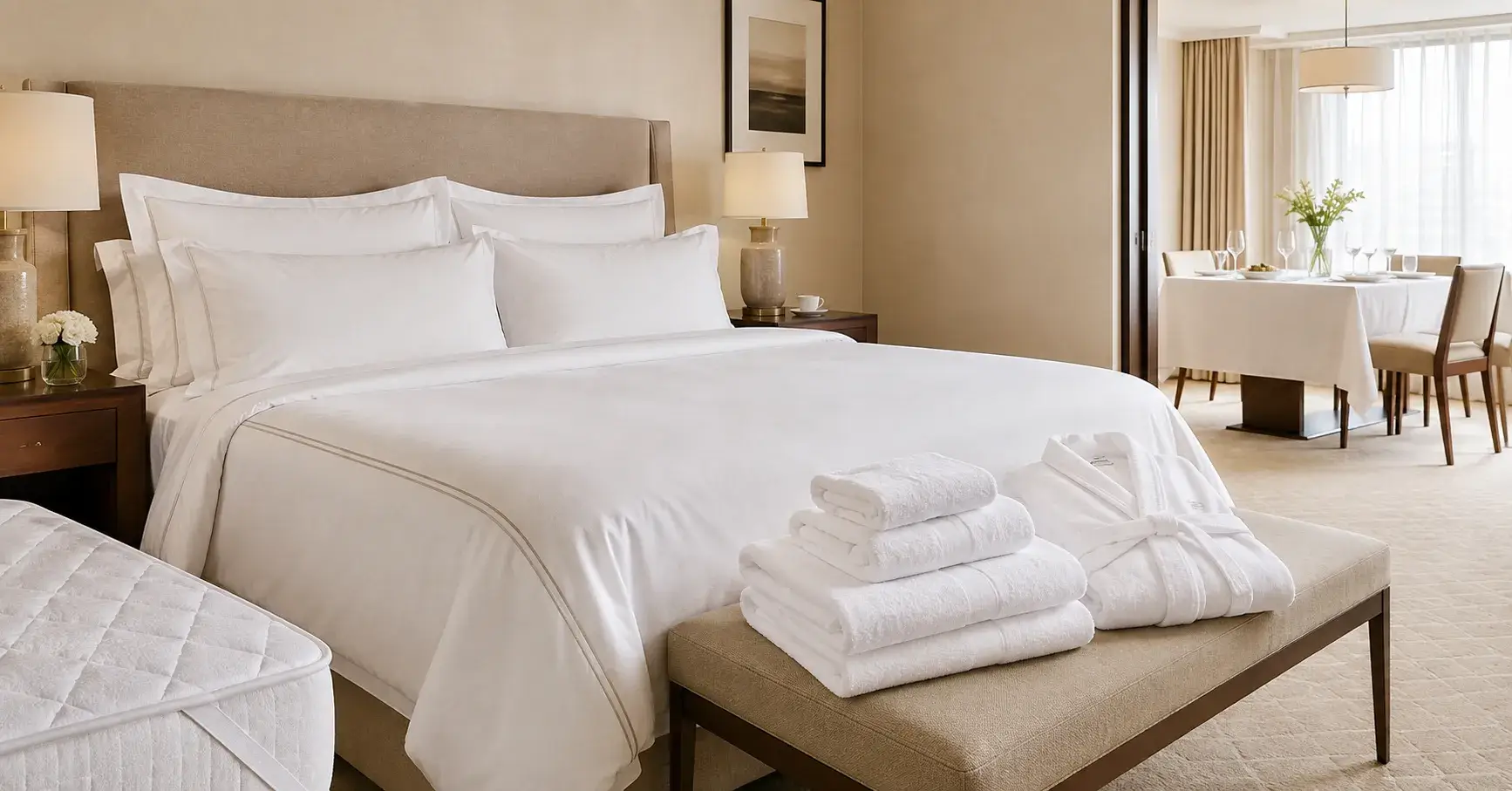 Coordinated hotel bedding, towels, bathrobes, pillows, and table linen