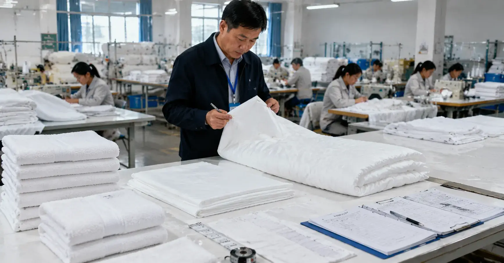 Verify a Linen Supplier Auditor inspecting hotel linen production and finished samples in China