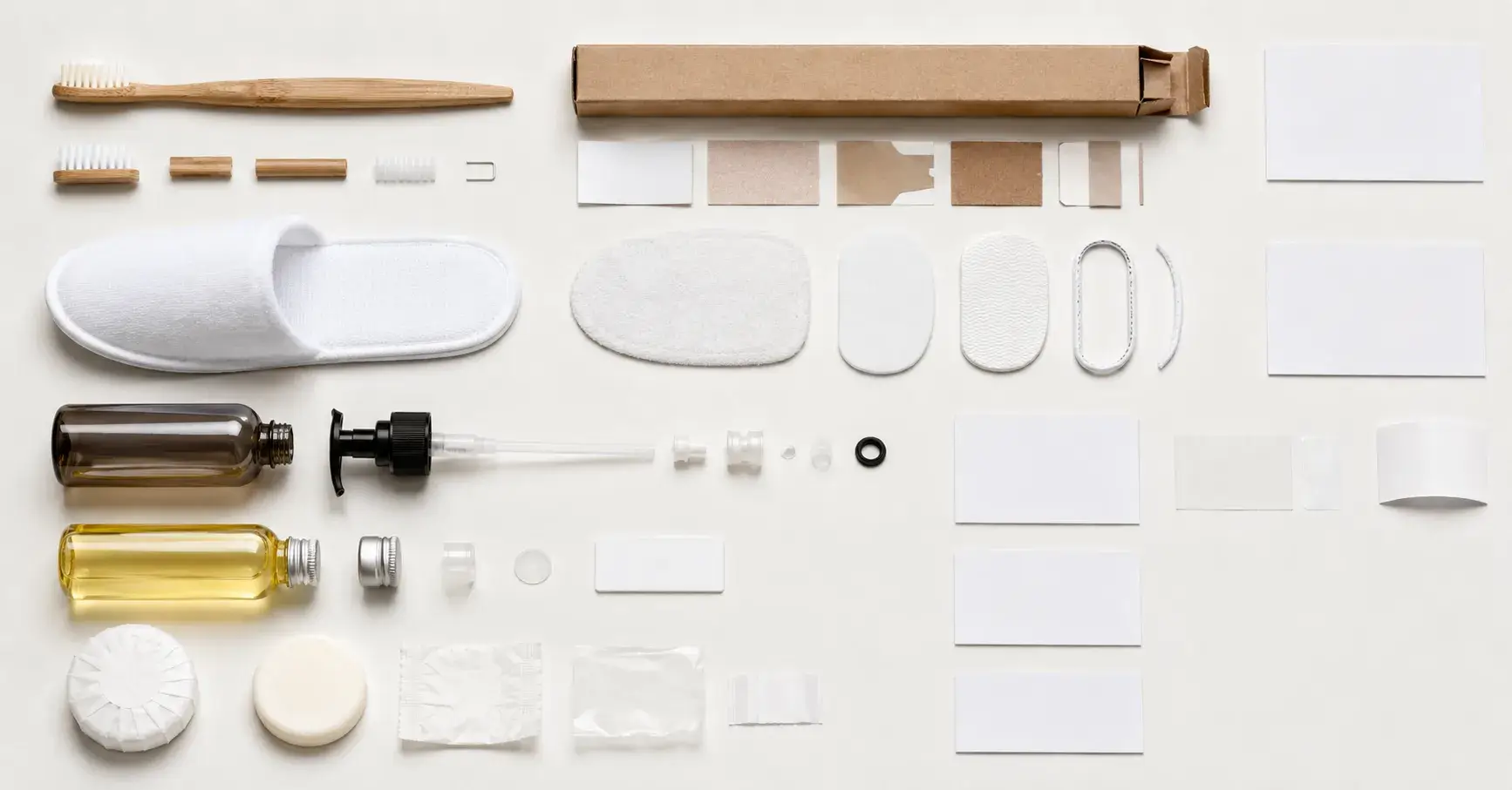 Verify Every Environmental Claim Disassembled hotel amenities revealing plastic, bamboo, paper, and textile components