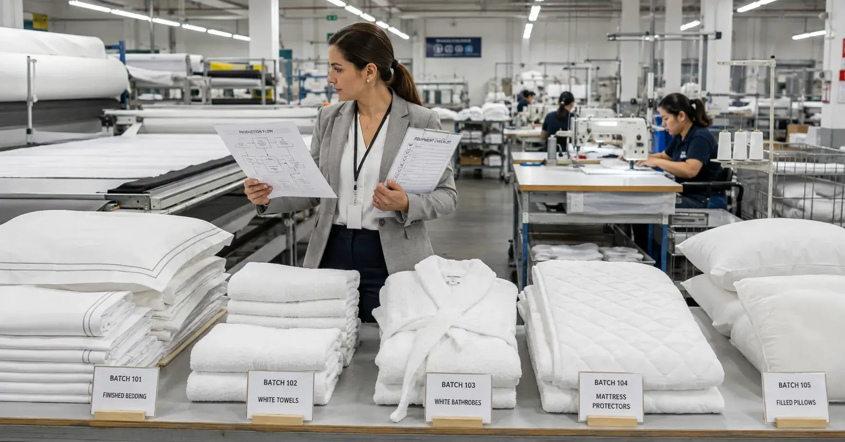 Auditor tracing hotel bedding, towels, bathrobes, and pillows through production